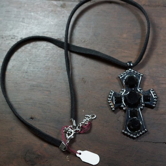 Gothic Black Rhinestone Cross Suede Necklace - Picture 2 of 3